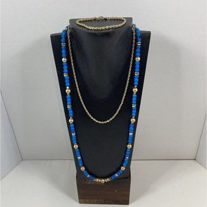 Vintage Bright Blue & Gold Tone Layering Necklace set 26 inch Beaded 18 in Chain